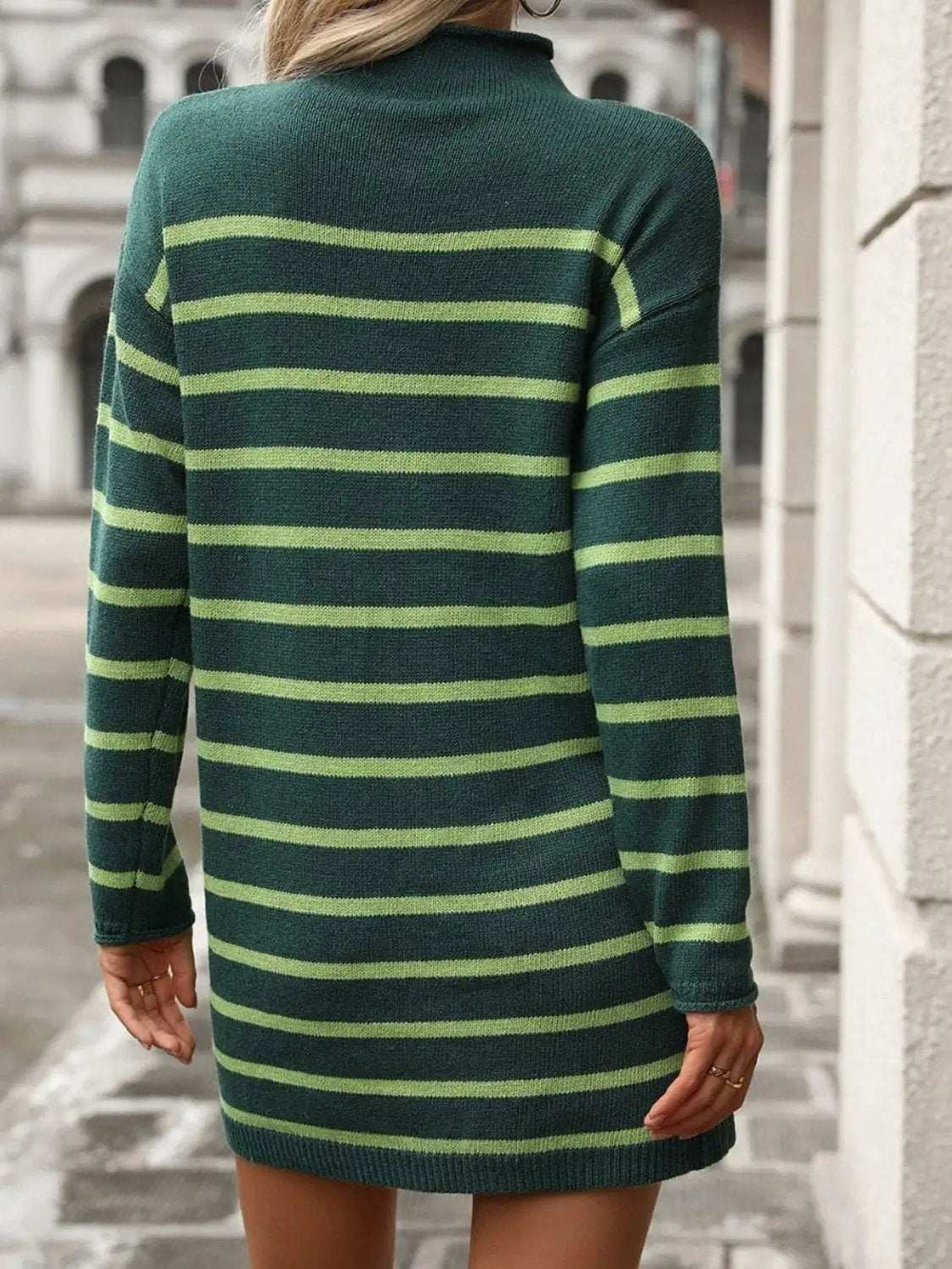 Striped Mock Neck Long Sleeve Mini Dress - Trendsi - Flyclothing LLC