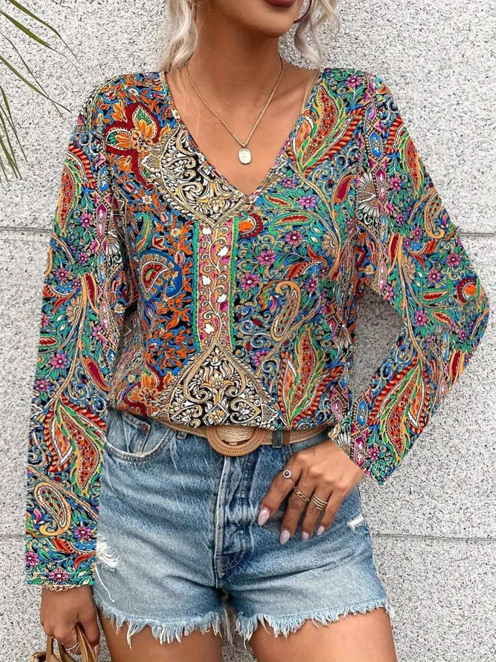 Printed V-Neck Long Sleeve Blouse - Trendsi - Flyclothing LLC