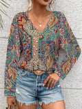 Printed V-Neck Long Sleeve Blouse - Trendsi - Flyclothing LLC