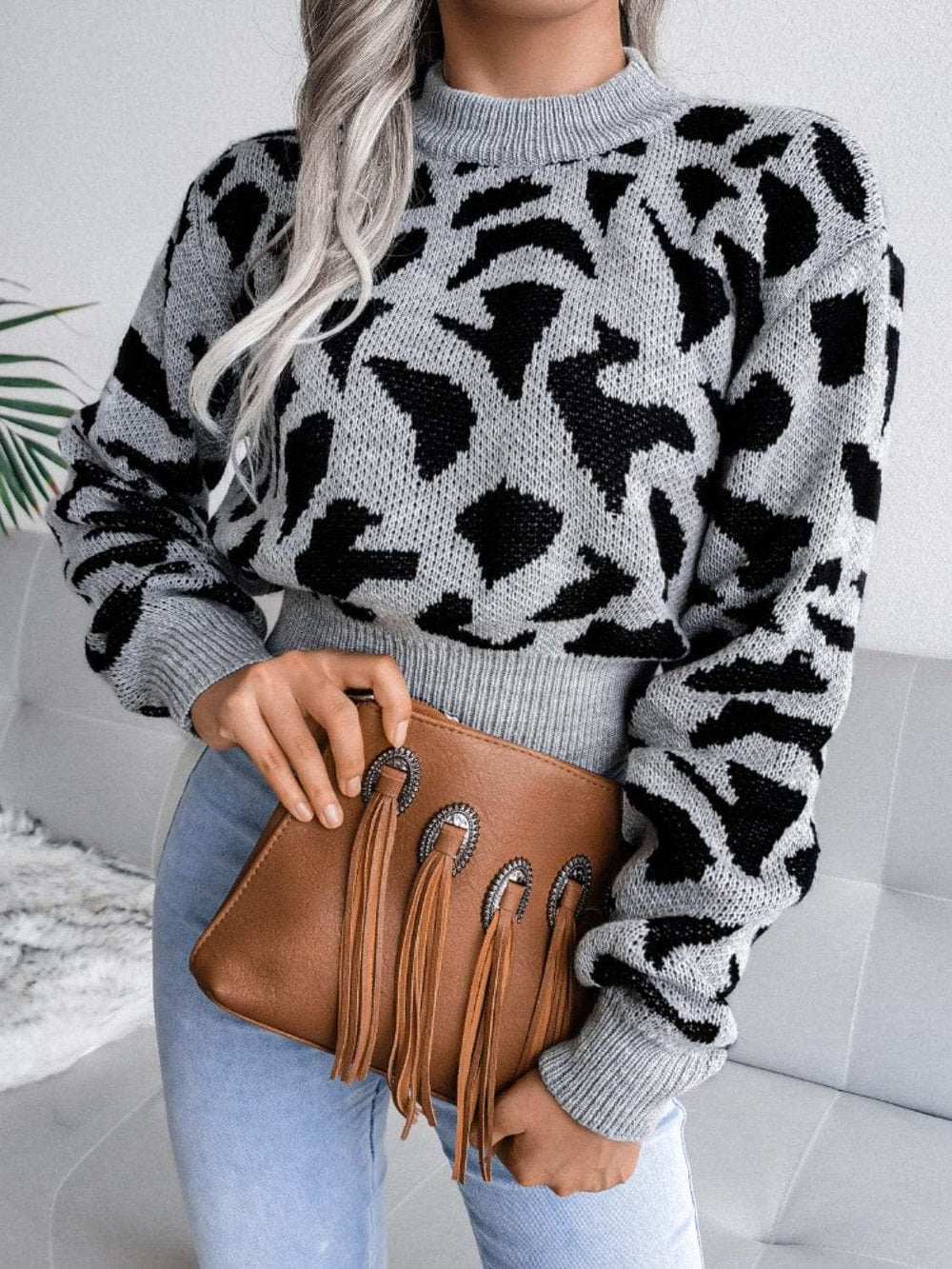 Leopard Round Neck Dropped Shoulder Sweater - Trendsi - Flyclothing LLC