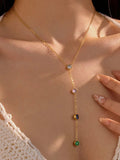 18K Gold-Plated Stainless Steel Zircon Y-Drop Necklace - Trendsi - Flyclothing LLC