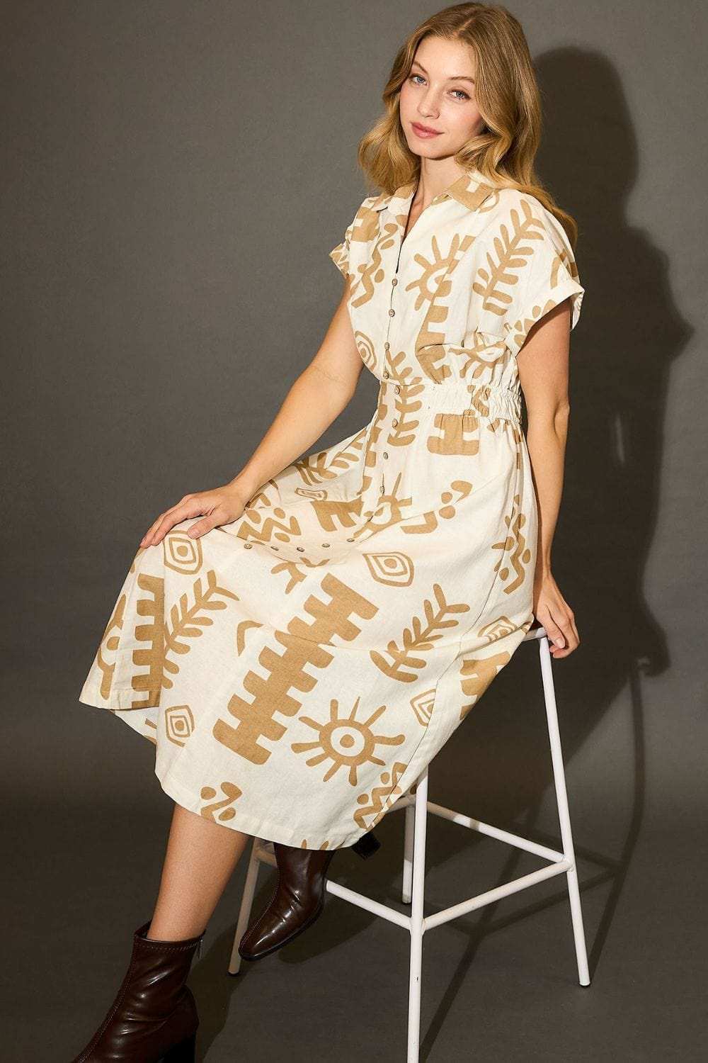 Umgee Full Size Abstract Print Elastic Waist Midi Dress Plus Size - Trendsi - Flyclothing LLC