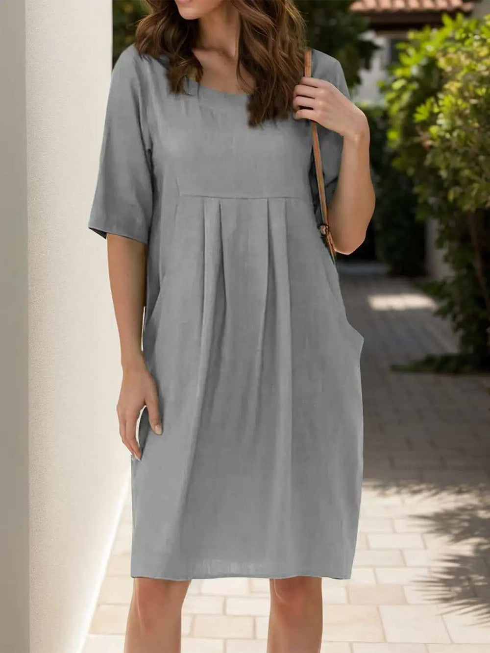 Full Size Round Neck Half Sleeve Dress with Pockets - Trendsi - Flyclothing LLC