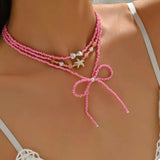 Beaded Three-Layered Necklace with Bow and Starfish Charms - Trendsi - Flyclothing LLC