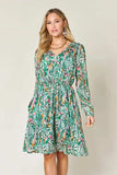 Double Take Full Size Printed Drawstring Waist Long Sleeve Dress - Trendsi - Flyclothing LLC