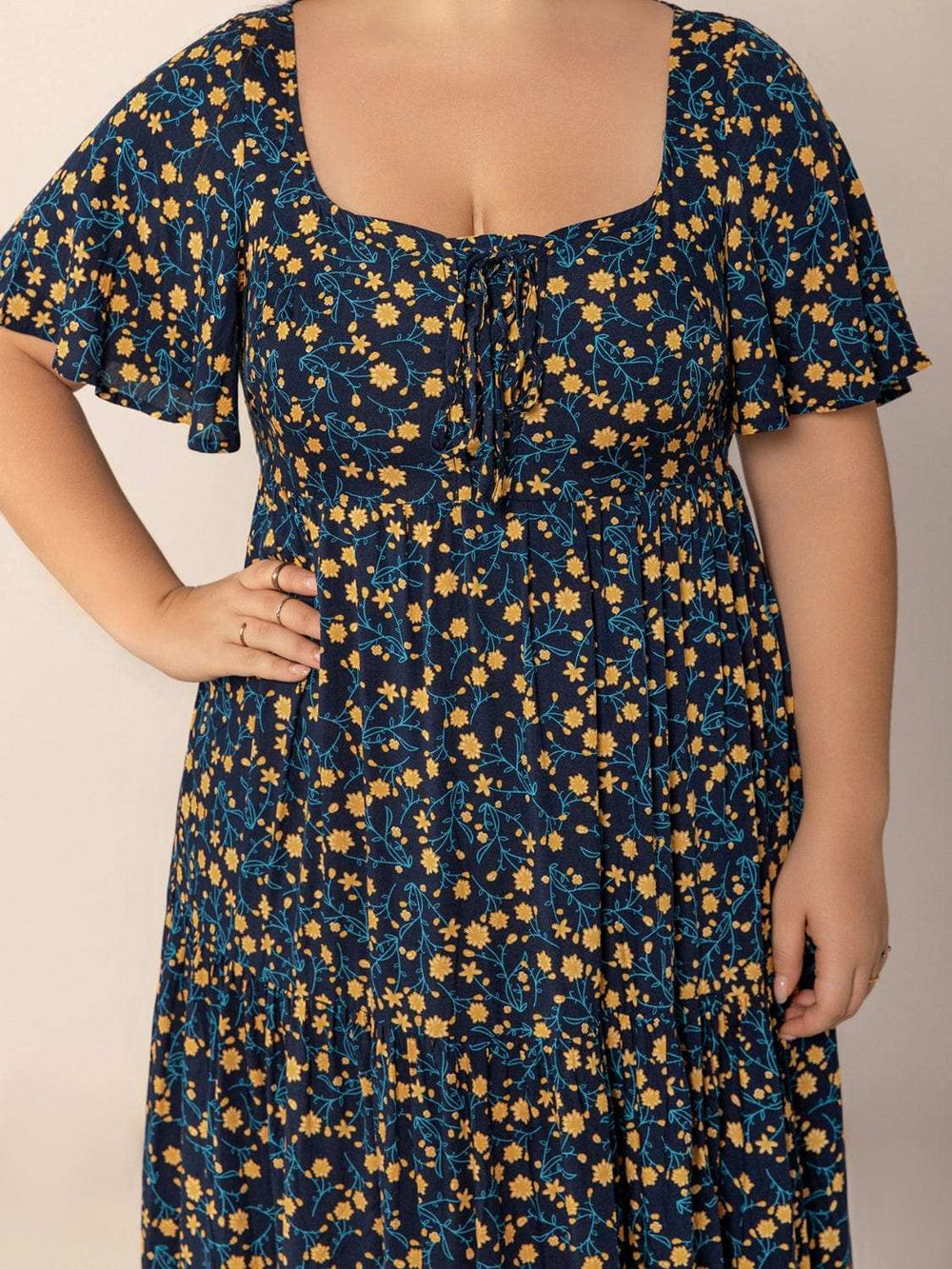 Plus Size Printed Short Sleeve Slit Tiered Maxi Dress - Trendsi - Flyclothing LLC