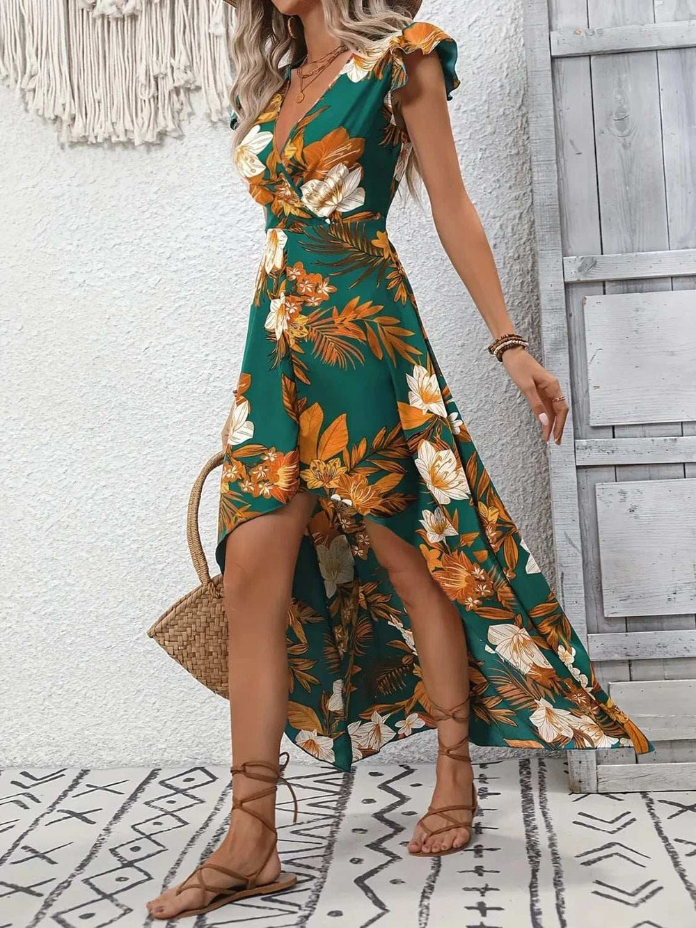 High-Low Printed Cap Sleeve Maxi Dress - Trendsi - Flyclothing LLC
