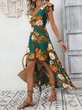High-Low Printed Cap Sleeve Maxi Dress - Trendsi - Flyclothing LLC
