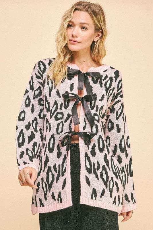 Davi & Dani Leopard Ribbon Tie Front Loose Fit Cardigan - Trendsi - Flyclothing LLC
