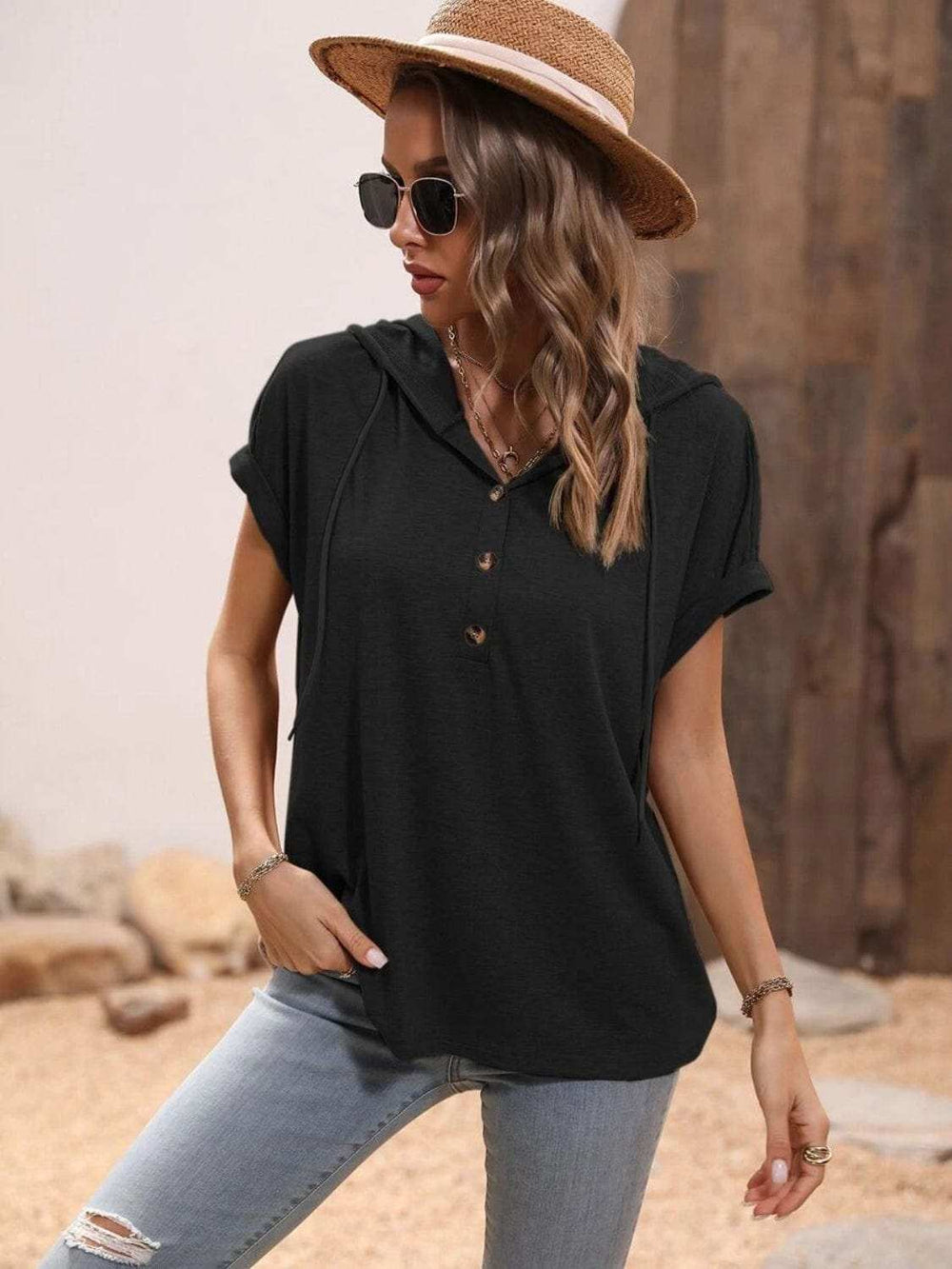 Half Button Hooded Short Sleeve Blouse - Trendsi - Flyclothing LLC