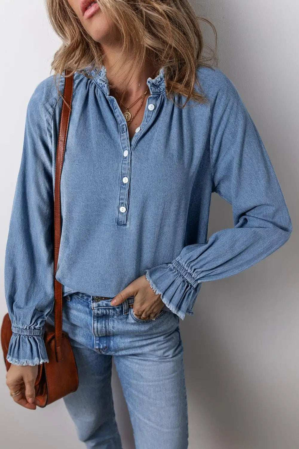 Half Button Long Sleeve Denim Top - Trendsi - Flyclothing LLC