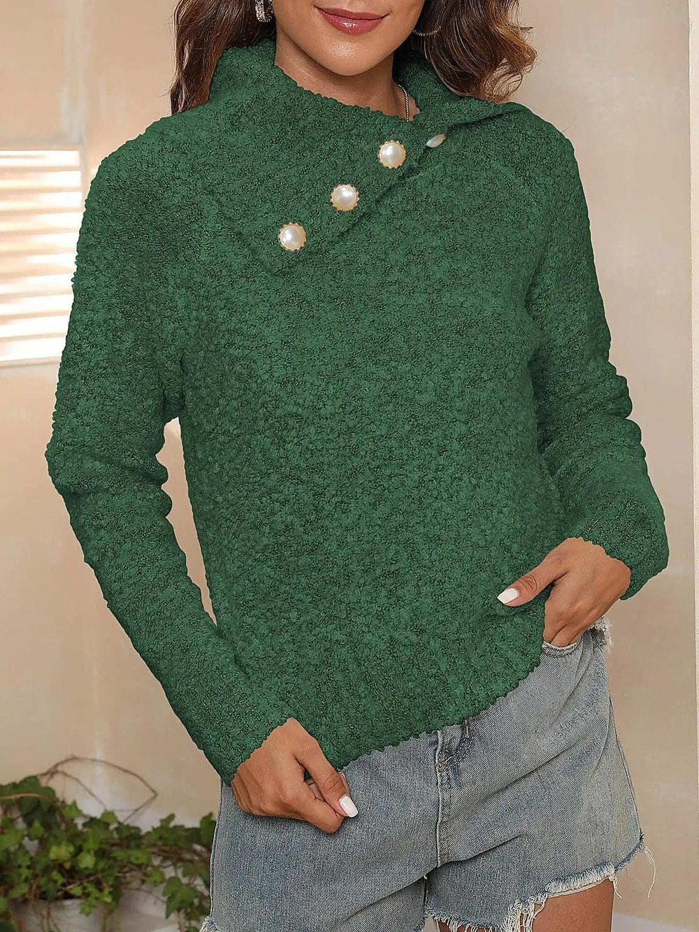 Asymmetric Collared Neck Long Sleeve Sweater - Trendsi - Flyclothing LLC