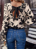 Bow Back Printed Round Neck Flounce Sleeve Blouse - Trendsi - Flyclothing LLC