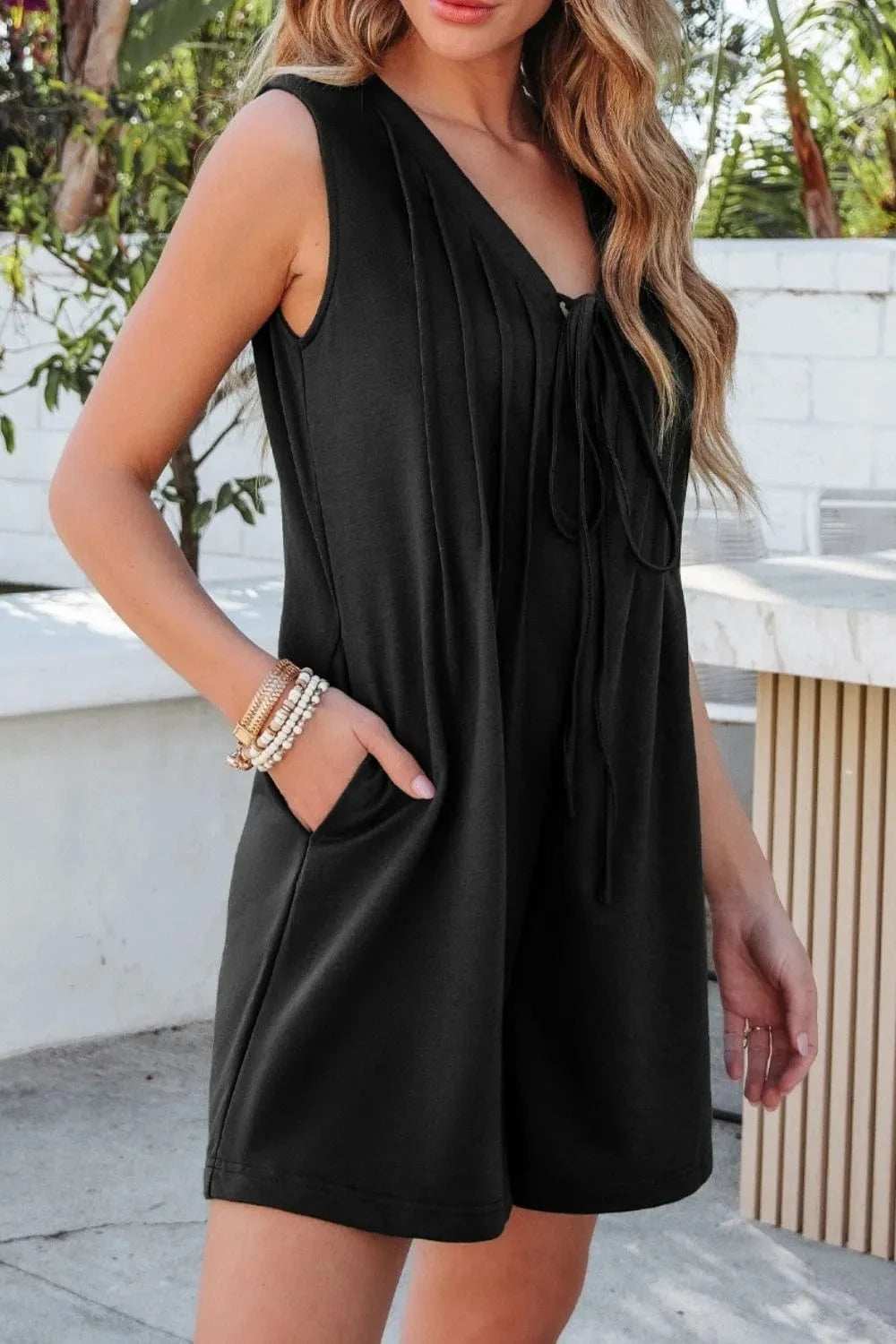 Tie V Neck Pintuck Sleeveless Loose Romper - Trendsi - Flyclothing LLC