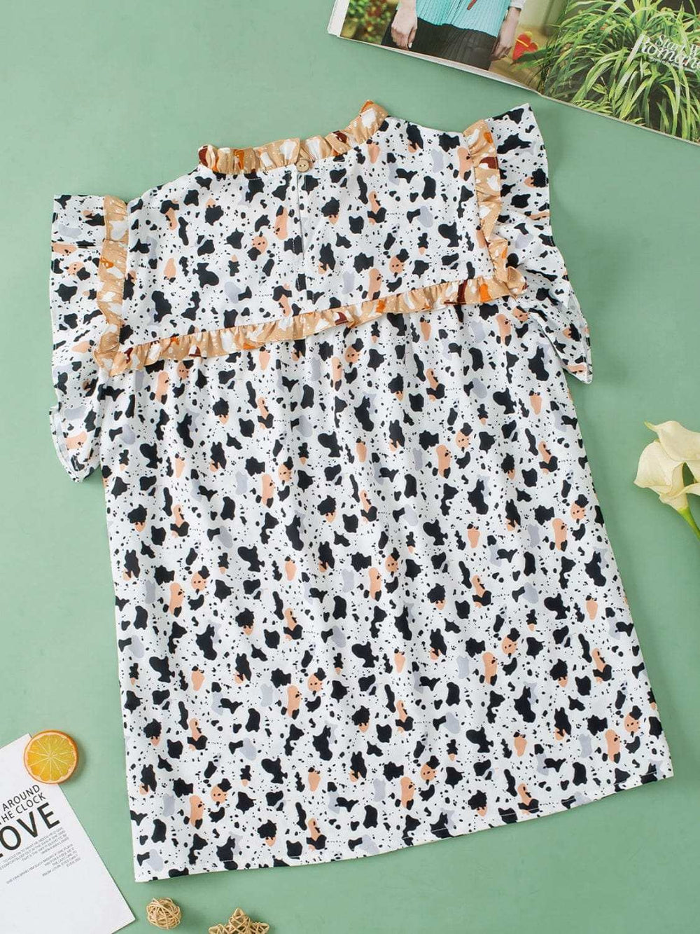 Ruffled Printed Mock Neck Cap Sleeve Blouse - Trendsi - Flyclothing LLC