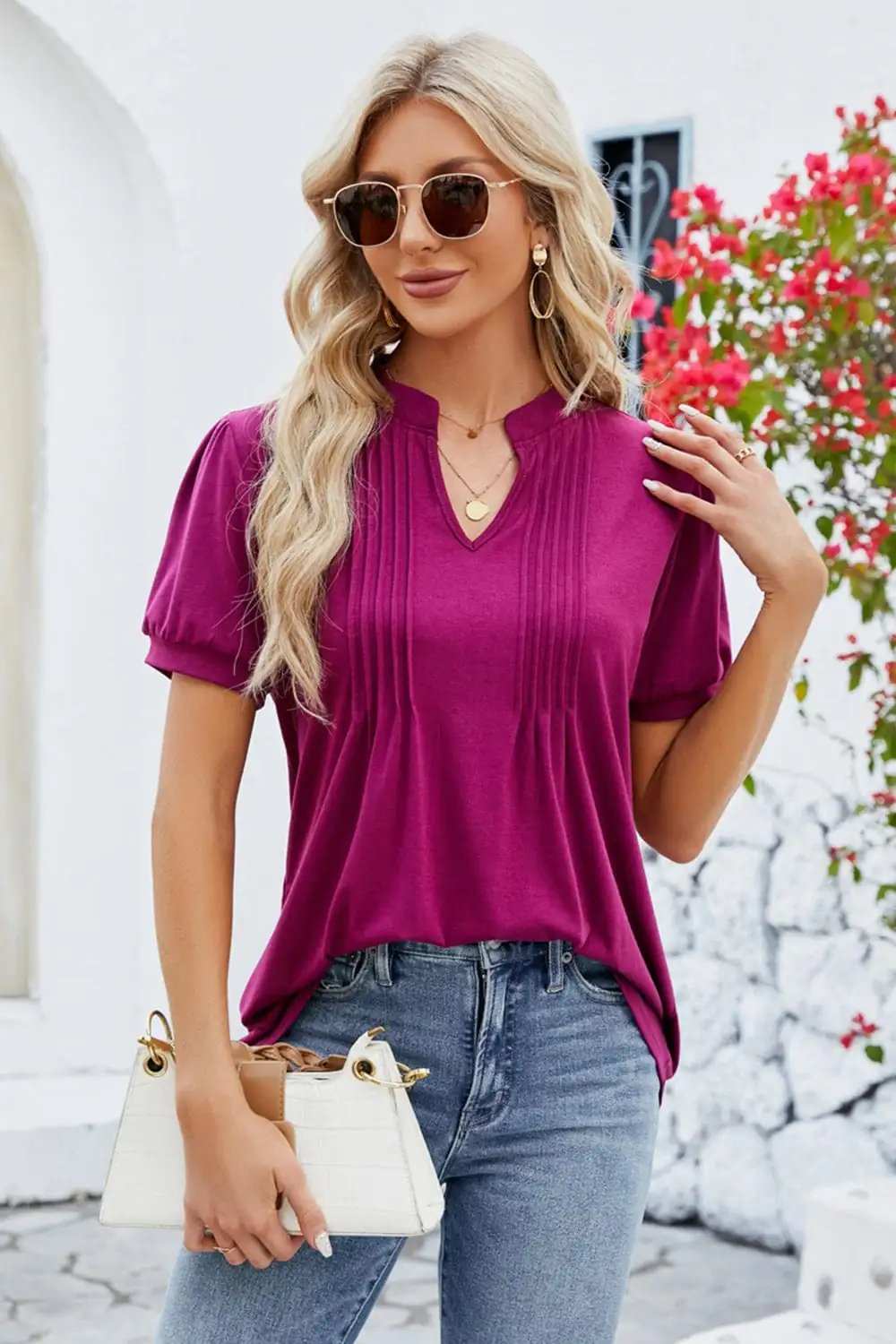 Notched Short Sleeve T-Shirt - Trendsi - Flyclothing LLC