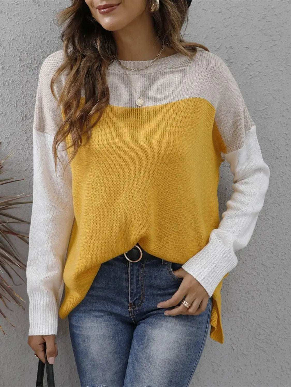 Color Block Round Neck Sweater - Trendsi - Flyclothing LLC