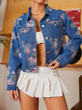 Floral Print Cropped Denim Jacket - Trendsi - Flyclothing LLC