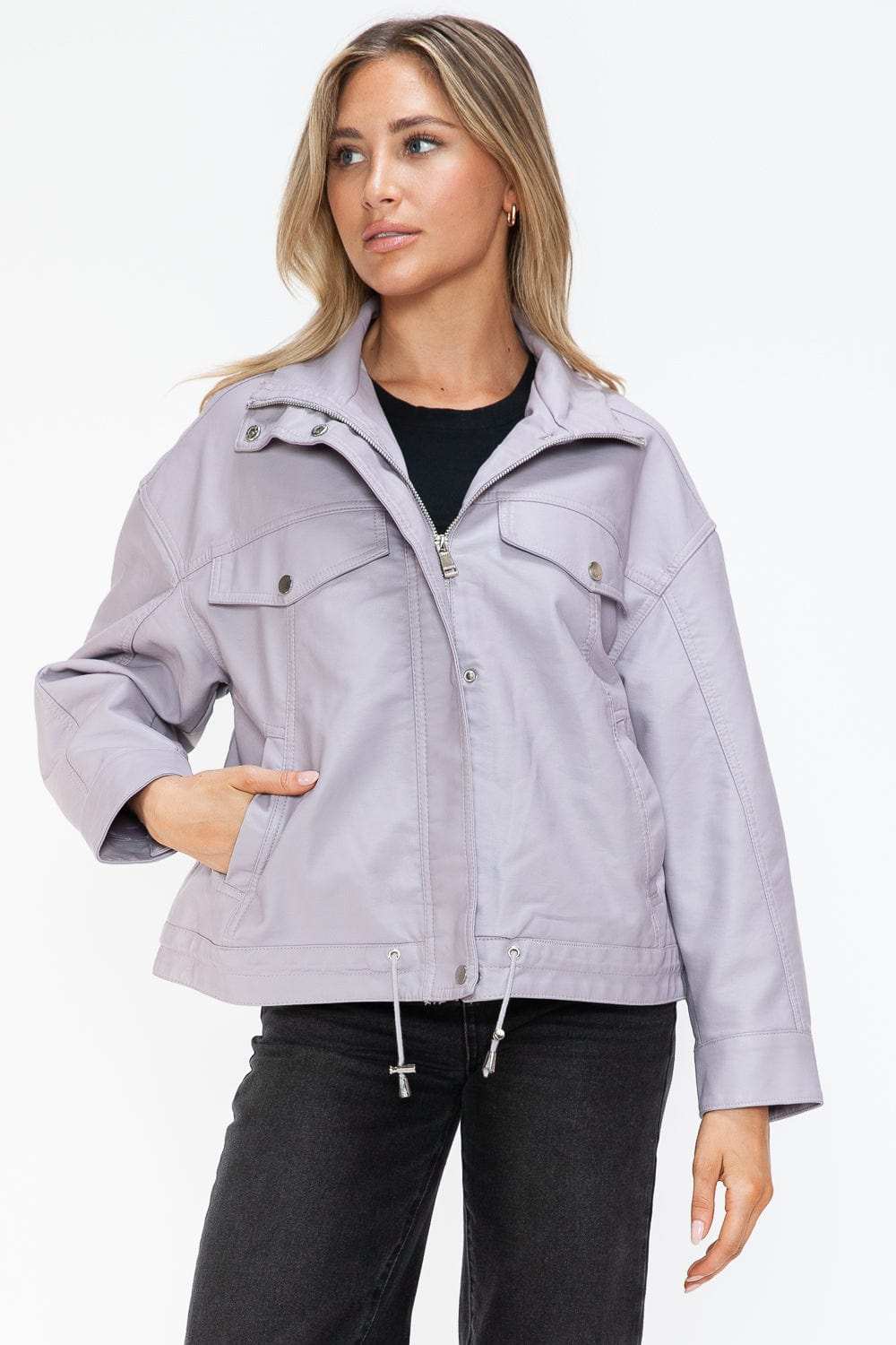 How Dare U Drawstring Hem PU Leather Zip Up Jacket - Trendsi - Flyclothing LLC