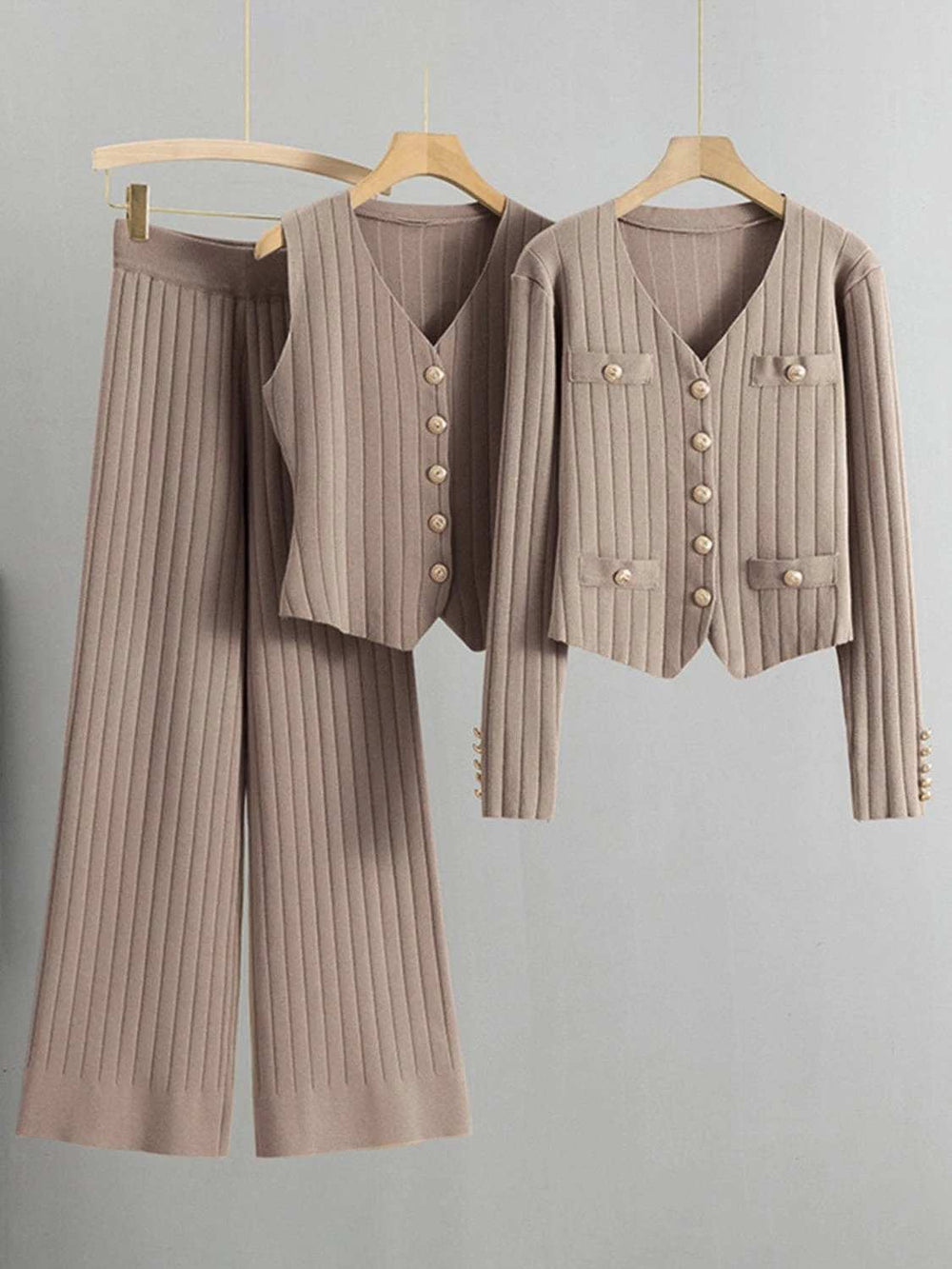 V-Neck Tank, Cardigan and Pants Three-Piece Sweater Set - Trendsi - Flyclothing LLC
