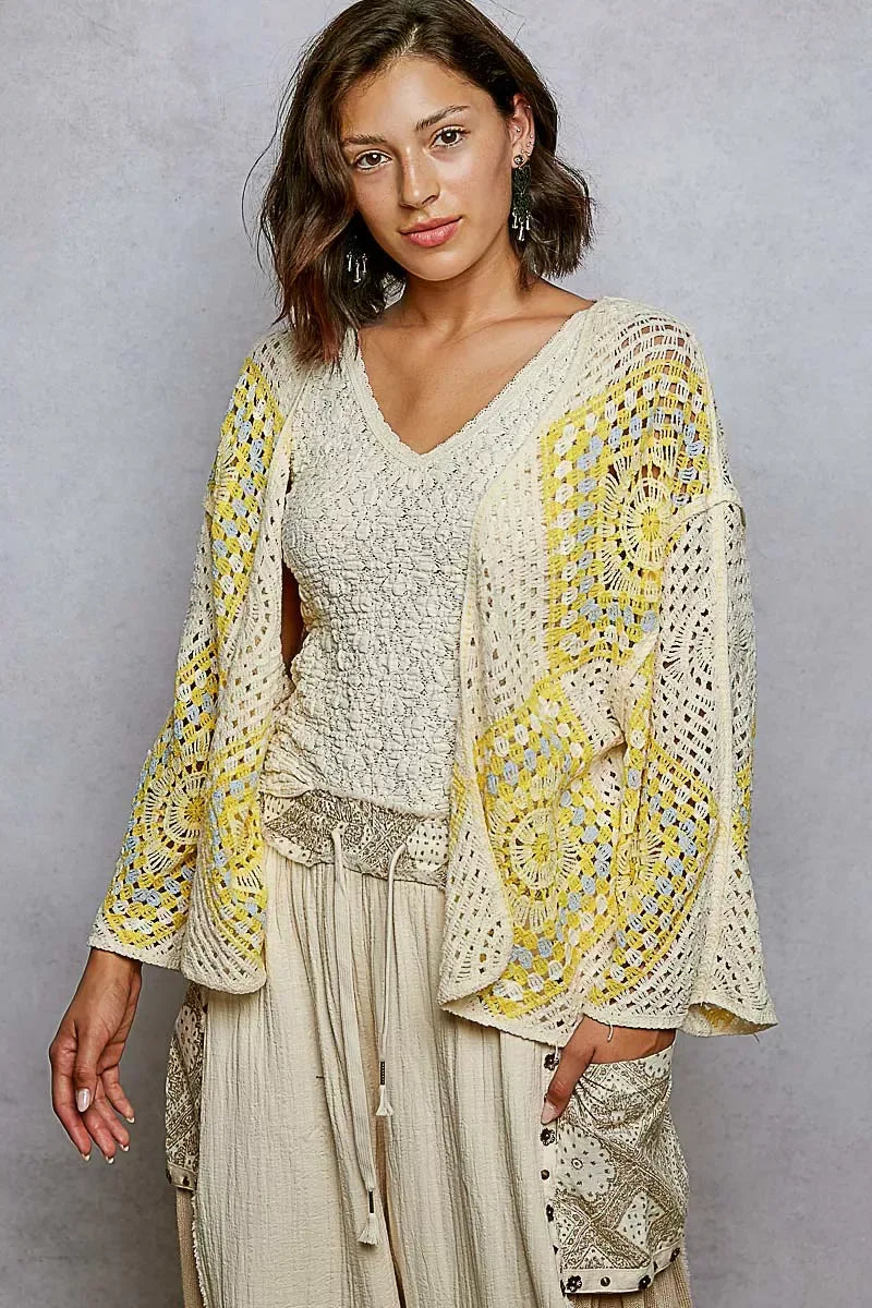 POL Open Front Crochet Cardigan with Granny Square Pattern - Trendsi - Flyclothing LLC