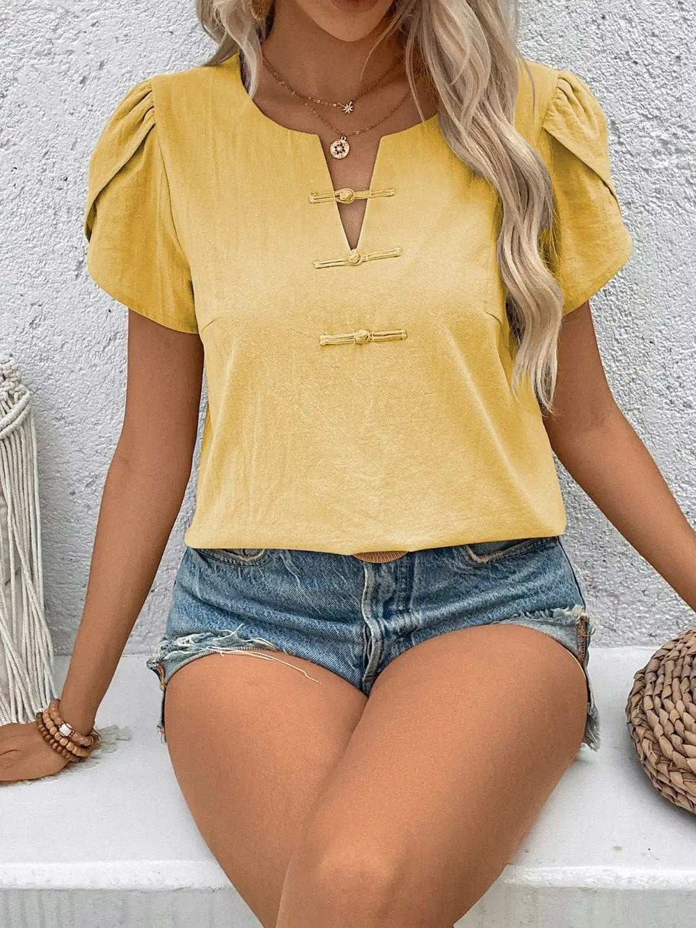 Notched Short Sleeve Blouse - Trendsi - Flyclothing LLC