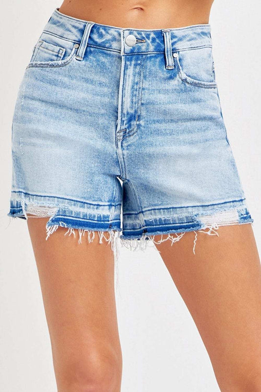 RISEN High Rise Distressed Hem Denim Shorts - Trendsi - Flyclothing LLC