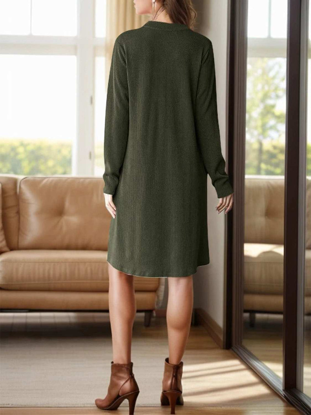 Notched Long Sleeve Mini Dress with Pockets - Trendsi - Flyclothing LLC