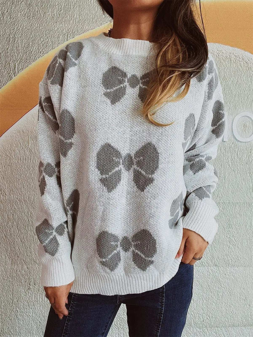 Bow Round Neck Dropped Shoulder Sweater - Trendsi - Flyclothing LLC