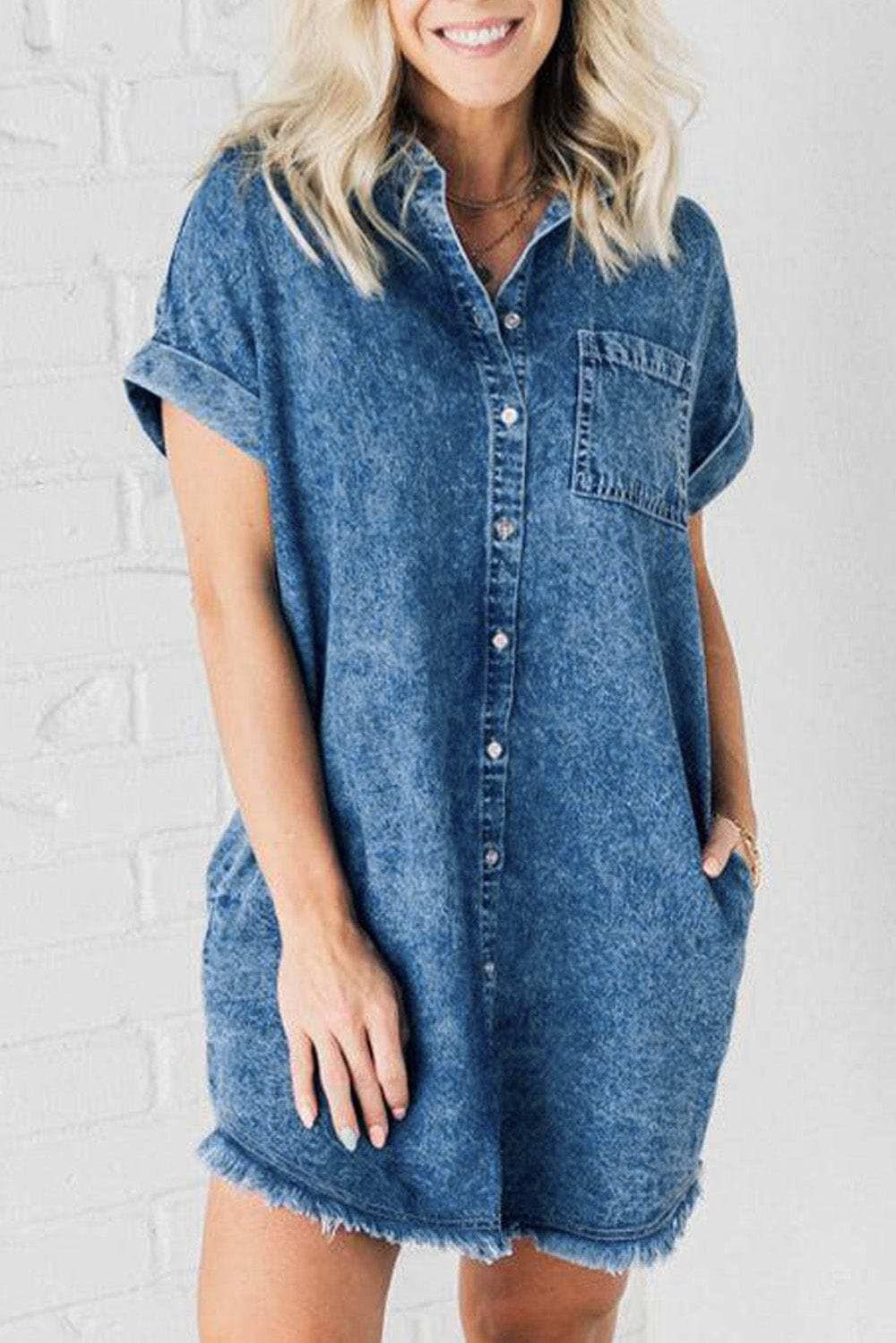 Raw Hem Pocketed Cap Sleeve Denim Dress - Trendsi - Flyclothing LLC