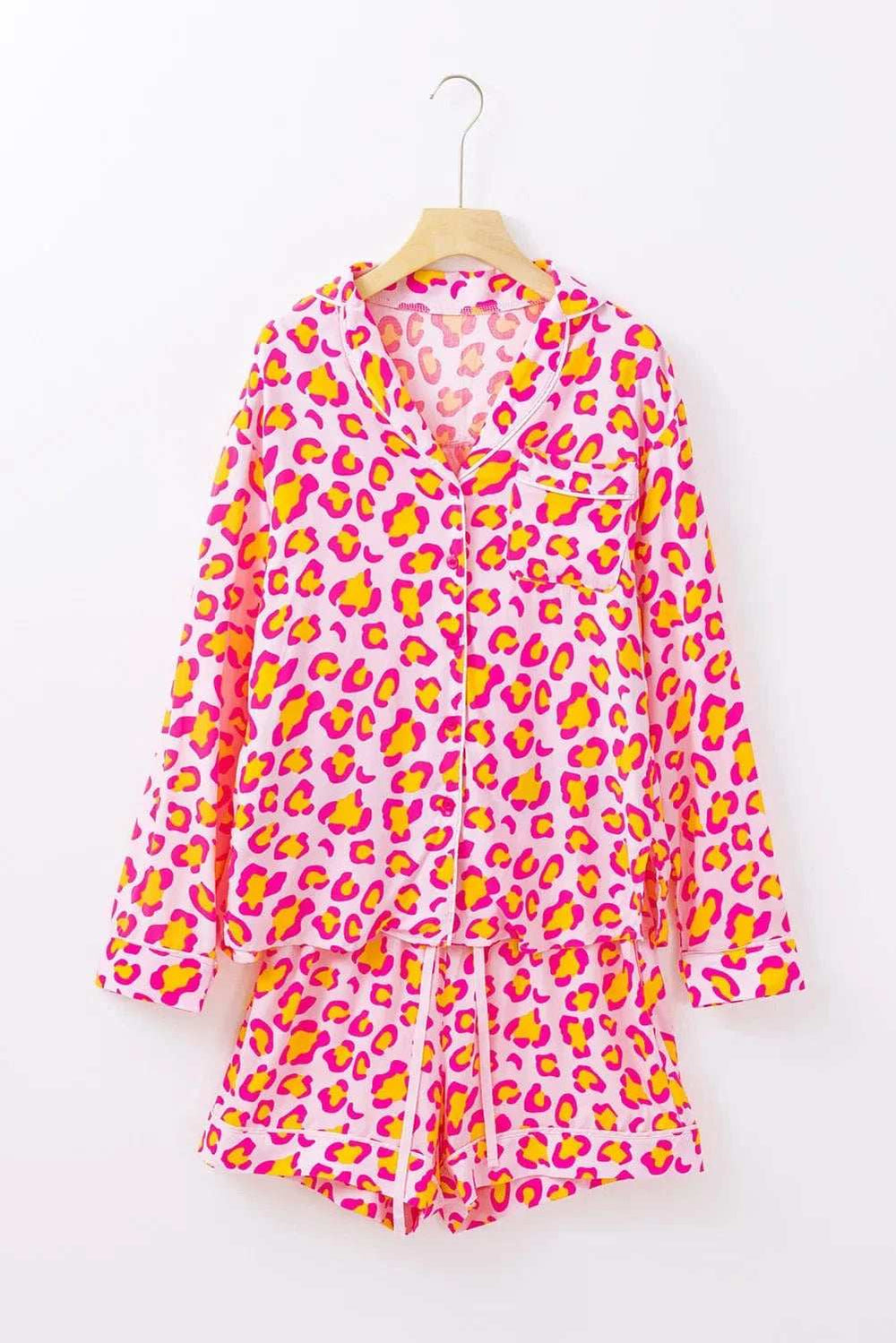 Leopard Collared Neck Long Sleeve Top and Shorts Lounge Set - Trendsi - Flyclothing LLC