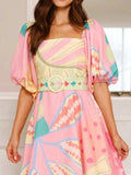 Colorful Print Belted Mini Dress with Puff Sleeves - Trendsi - Flyclothing LLC
