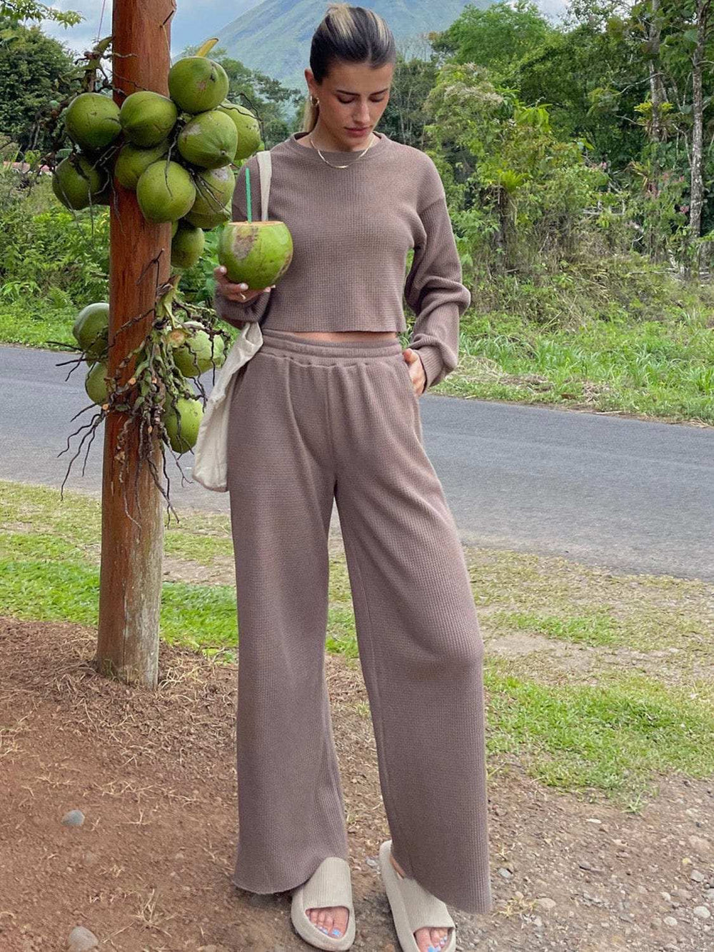 Waffle-Knit Round Neck Top and Pants Set - Trendsi - Flyclothing LLC
