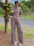 Waffle-Knit Round Neck Top and Pants Set - Trendsi - Flyclothing LLC