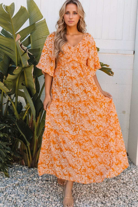 Floral Print Smocked V Neck Wide Sleeve Maxi Dress - Trendsi - Flyclothing LLC
