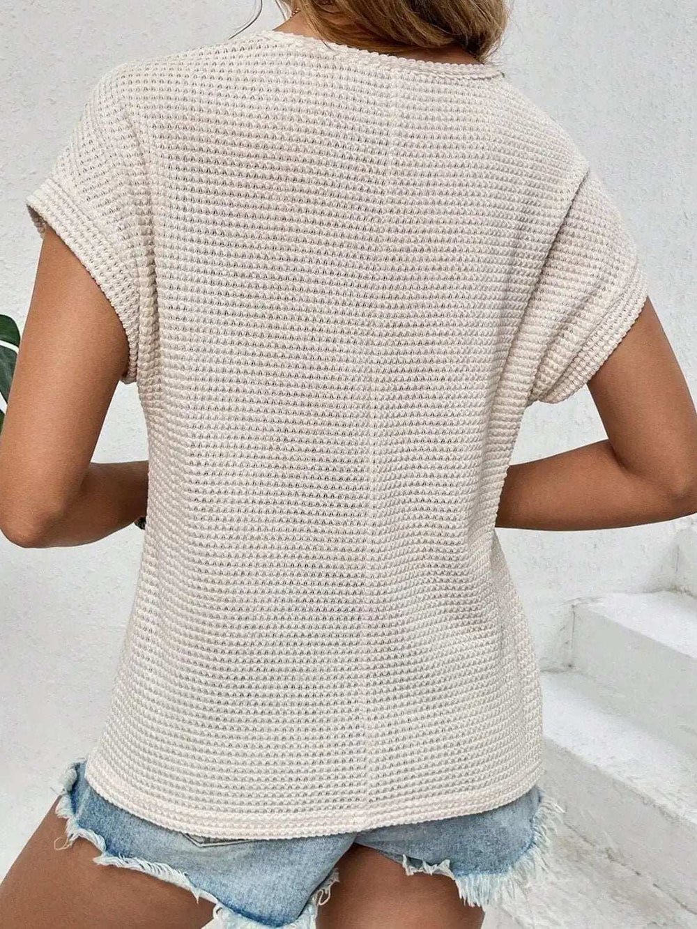 Waffle-Knit Round Neck Short Sleeve Top - Trendsi - Flyclothing LLC