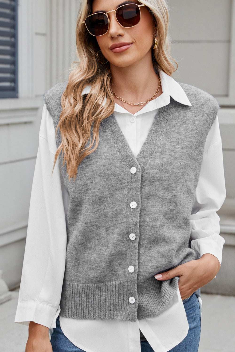 Button Down V-Neck Sweater Vest - Trendsi - Flyclothing LLC