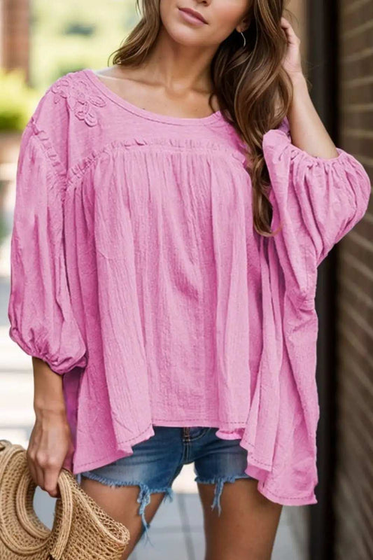 Dropped Shoulder Round Neck Blouse - Trendsi - Flyclothing LLC