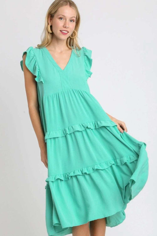 Umgee Full Size Ruffle Tiered Cap Sleeve Midi Dress Plus Size - Trendsi - Flyclothing LLC