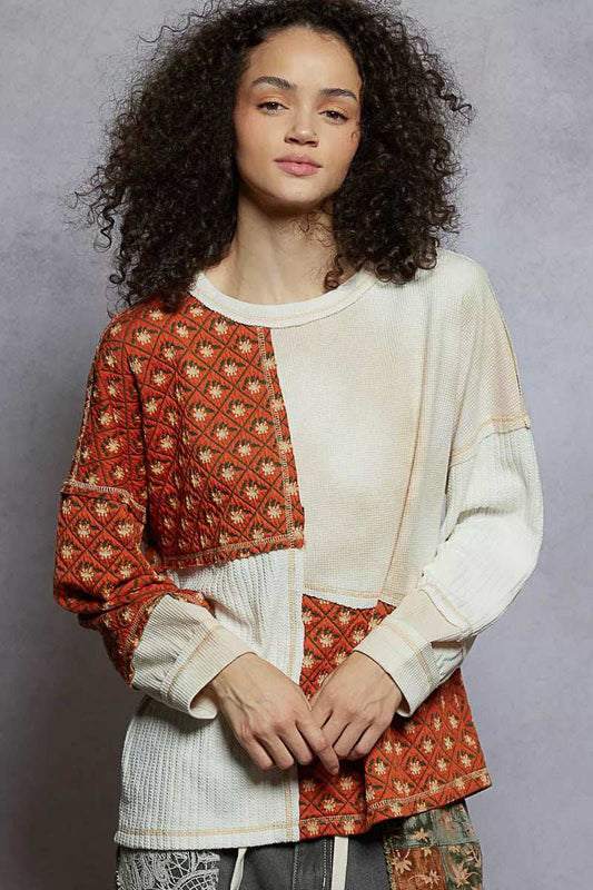 POL Contrast Patchwork Round Neck Long Sleeve Top - Trendsi - Flyclothing LLC
