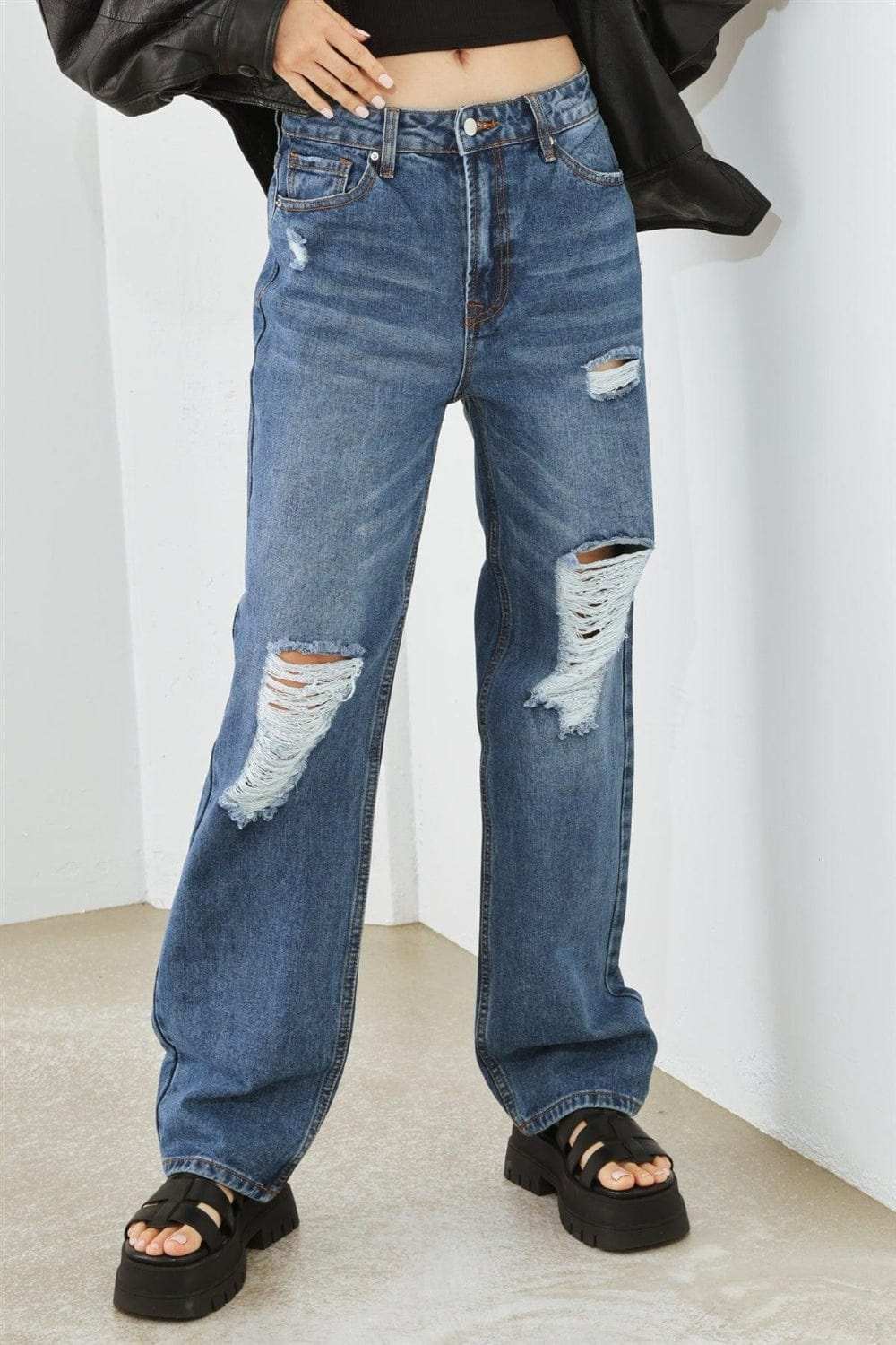 HAMMER COLLECTION Distressed High Waist Jeans - Trendsi - Flyclothing LLC
