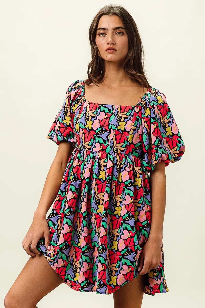 BiBi Floral Print Puff Square Neck Dress - Trendsi - Flyclothing LLC