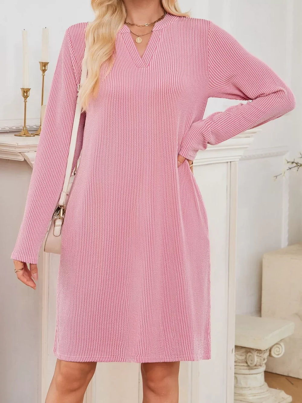 Casual Ribbed Knit Long Sleeve Dress - Trendsi - Flyclothing LLC