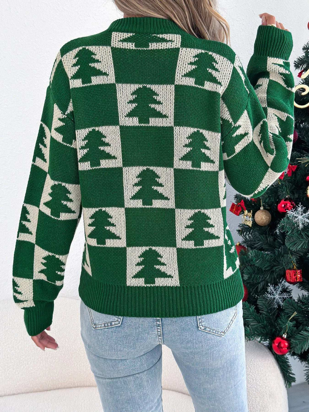 Christmas Tree Checkerboard Pattern Sweater - Trendsi - Flyclothing LLC