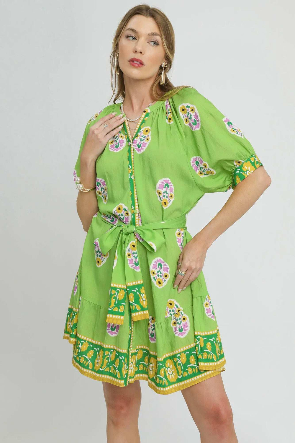 Umgee Floral Print Tie Waist Short Sleeve Dress - Trendsi - Flyclothing LLC