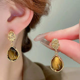 Tiger's Eye 18K Gold-Plated Copper Geometric Earrings - Trendsi - Flyclothing LLC