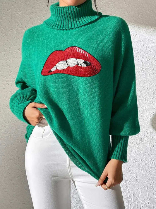 Lip Turtleneck Long Sleeve Sweater - Trendsi - Flyclothing LLC