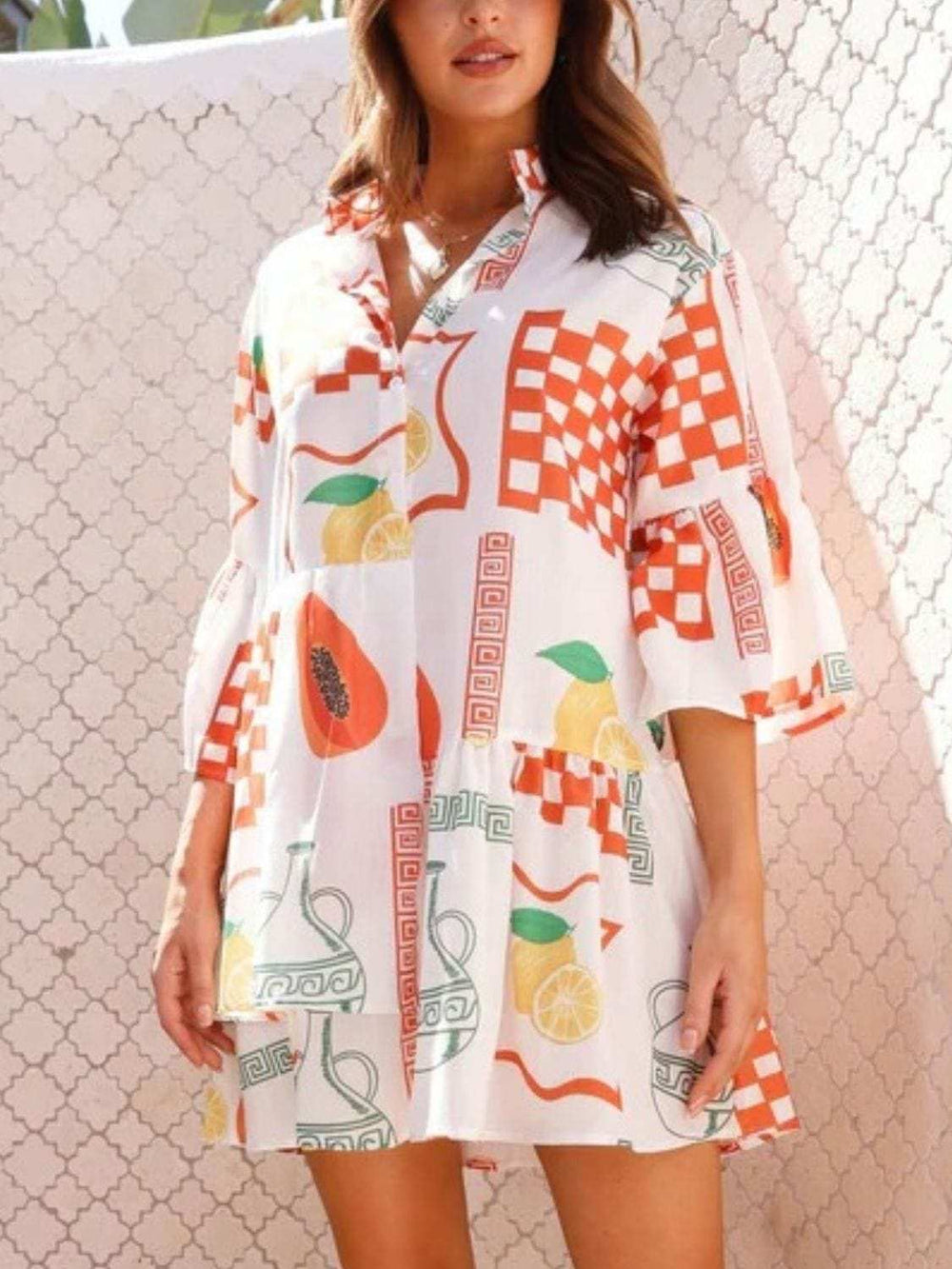 Printed Three-Quarter Sleeve Mini Dress - Trendsi - Flyclothing LLC