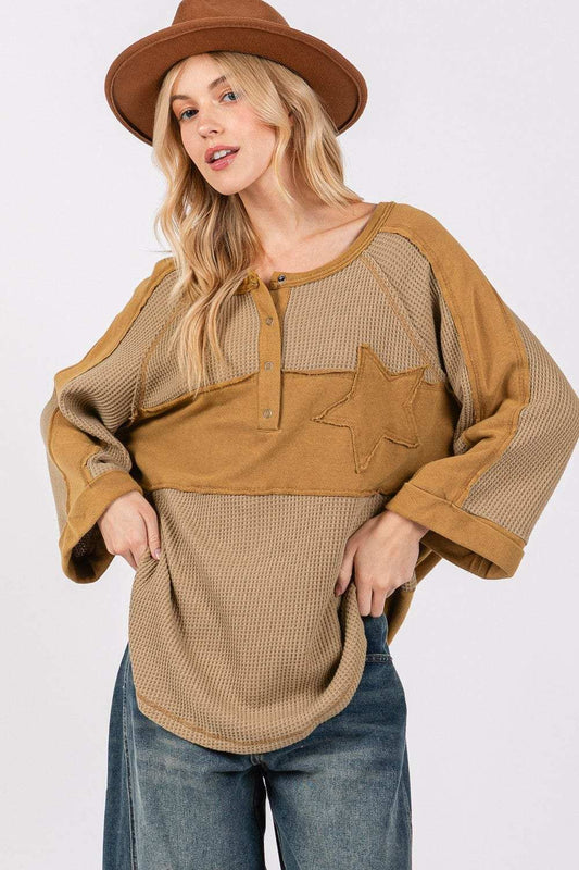 SAGE + FIG Star Applique Patch Exposed Seam Waffle Knit Top - Trendsi - Flyclothing LLC