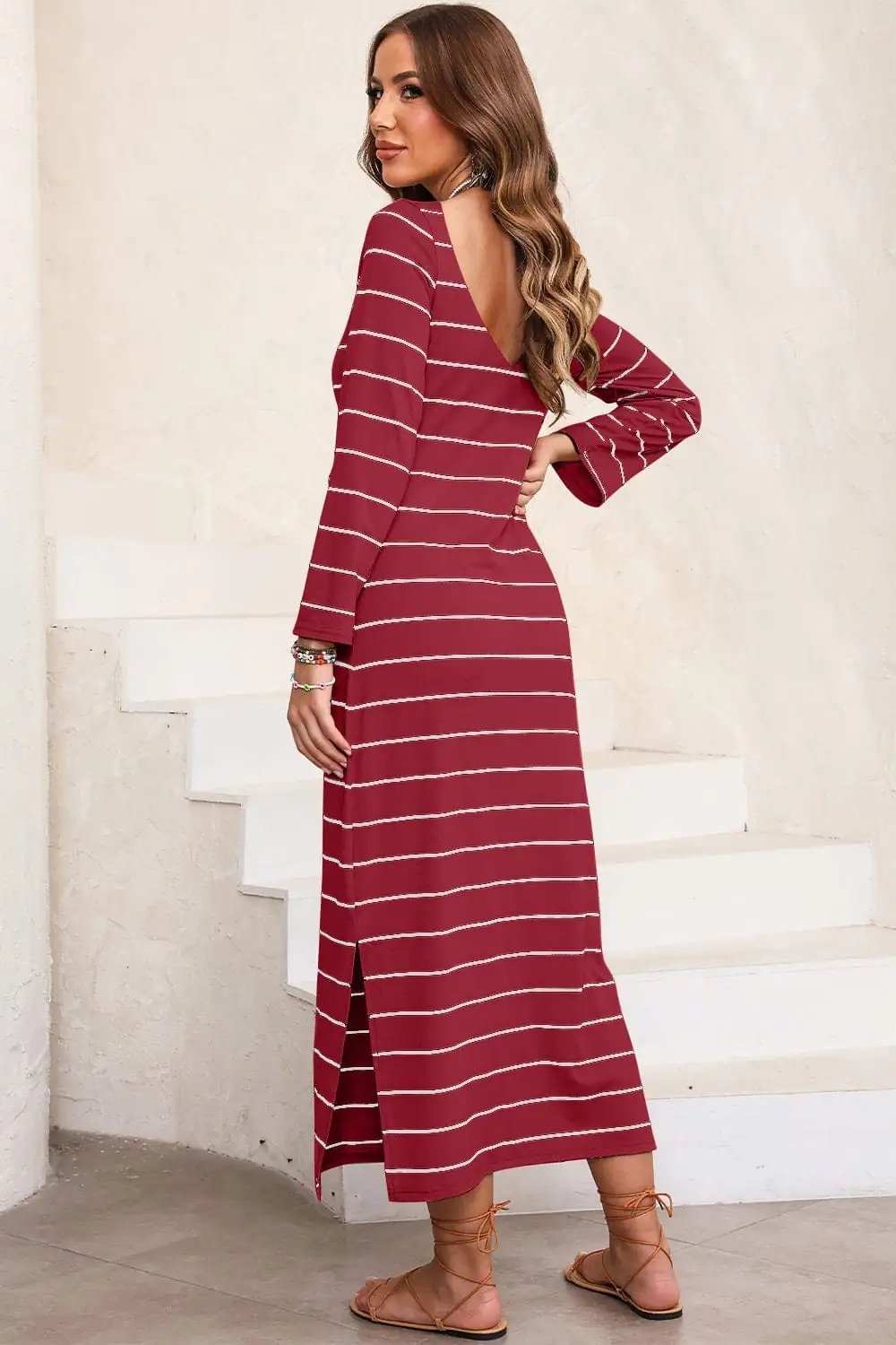Slit Striped Round Neck Midi Dress - Trendsi - Flyclothing LLC
